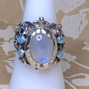Elegant Sterling Silver and Multi Gemstone Ring with large Moonstone